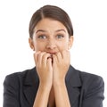 I hope that interview went well. Studio shot of an attractive young businesswoman looking nervous while biting her nails