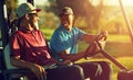 I hope you dont throw your clubs around this time. two men sitting in a cart on a golf course.