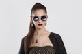I am and I know it. Closeup portrait confident successful beautiful young woman fashion girl posing with sunglasses eye Royalty Free Stock Photo