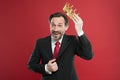 I am just superior. Become king ceremony. Award and achievement. Feeling superiority. Being superior human. Man bearded Royalty Free Stock Photo