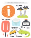 I letter objects and animals including island, ice cream, iguana, ink bottle, iceberg, iron. Royalty Free Stock Photo