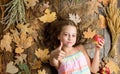 I like apples. Organic and natural food for kids health. Little girl eating apples. Small girl likes the taste of apple Royalty Free Stock Photo