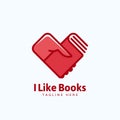 I Like Books Abstract Vector Sign, Emblem or Logo Template. Hand Holding a Book in a Heart Shape.