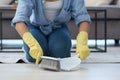 I like this broom it gets all the dirt. an anonymous woman using a dustpan and sweeping her living room floor at home. Royalty Free Stock Photo