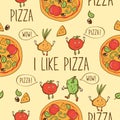 I like pizza. Seamless pattern with hand drawn pizza for pizzeria menu, textile, wallpapers, gift wrap and scrapbook.