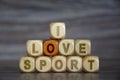 I like sport. Text on wooden cubes. Words on objects