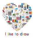 I like to draw. Heart of pencils and paintbrushes vector design illustration