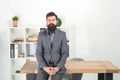 I am listening. Report and complaint concept. Man bearded hipster boss looking at you with attention. Ready to hear your Royalty Free Stock Photo