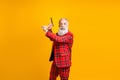 I`ll kill you. Photo of cool grandpa white beard model holding hands swinging big axe screaming outraged wear plaid red Royalty Free Stock Photo