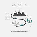 I Love Adventure typography with car, bear, tent, mountains and forest tree. Royalty Free Stock Photo