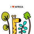 I love africa hand drawn vector illustration in cartoon comic style giraffe and plants green Royalty Free Stock Photo