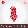 I Love Albania. Red Hearts Pattern Vector Map of Albania. Love Icon Set