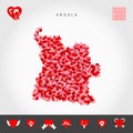 I Love Angola. Red Hearts Pattern Vector Map of Angola. Love Icon Set