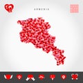 I Love Armenia. Red Hearts Pattern Vector Map of Armenia. Love Icon Set