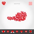 I Love Austria. Red Hearts Pattern Vector Map of Austria. Love Icon Set