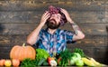 I love autumn. bearded mature farmer. seasonal vitamin food. Useful fruit and vegetable. man chef with rich autumn crop Royalty Free Stock Photo