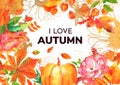 I love autumn greeting card with watercolor fall leaves, branches and flower