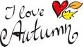 I love autumn hand drawing text banner with pretty leaves and heart. vector for cards, prints and stickers