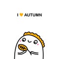 I love autumn hand drawn vector illustration in cartoon comic style man holds yellow leaf