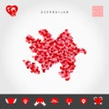 I Love Azerbaijan. Red Hearts Pattern Vector Map of Azerbaijan. Love Icon Set