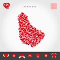 I Love Barbados. Red Hearts Pattern Vector Map of Barbados. Love Icon Set