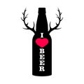 `I love beer` slogan on beer bottle with red heart and antlers. Black silhouette. Royalty Free Stock Photo