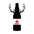 `I love beer` slogan on beer bottle with red heart and deer horns. Black silhouette. Royalty Free Stock Photo