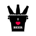`I love beer` slogan on metal beer bucket full of ice with beer bottles and red heart. Black silhouette.