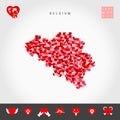 I Love Belgium. Red Hearts Pattern Vector Map of Belgium. Love Icon Set