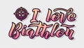 I love Biathlon yellow and pink gradient lettering text on grey background