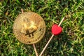 I love bitcoin. Bitcoins and red heart on green grass background front side.