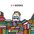 I love books hand drawn vector illustration in cartoon comic style man sitting on library