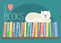 I love books. Books on shelf with white cat. Royalty Free Stock Photo