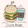 I Love Burger Concept With Cute Bear Burger And Coffee Cup. Royalty Free Stock Photo