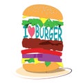 I Love Burger ordered on the fast food menu. Hamburger with cutlet, tomatoes and onion. Logo icon vector illustration design