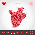 I Love Burundi. Red Hearts Pattern Vector Map of Burundi. Love Icon Set