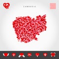 I Love Cambodia. Red Hearts Pattern Vector Map of Cambodia. Love Icon Set