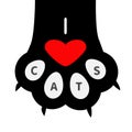 I love cats text. Big black cat paw print leg foot with nail claw. Royalty Free Stock Photo