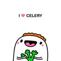 I love celery hand drawn vector illustration in cartoon comic style man vegan eating green plant