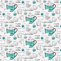 I Love Coffee Typography With Cute Cat Hand Drawn Vector Pattern. Royalty Free Stock Photo