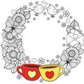I love coffee and you. Round vignette. Abstract background made of flowers, cups, butterflies, and birds Royalty Free Stock Photo