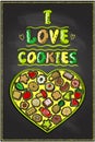 I love cookies chalkboard poster, hand drawn illustration with heart shaped cookie box Royalty Free Stock Photo
