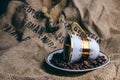 I love Cup of coffee with beans from above on blue background with cinnamon and sugar Royalty Free Stock Photo