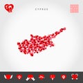 I Love Cyprus. Red Hearts Pattern Vector Map of Cyprus. Love Icon Set