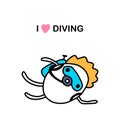 I love diving hand drawn vector illustration in cartoon comic style man with equipment