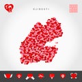 I Love Djibouti. Red Hearts Pattern Vector Map of Djibouti. Love Icon Set
