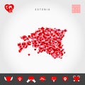 I Love Estonia. Red Hearts Pattern Vector Map of Estonia. Love Icon Set