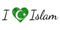 I love faith Islam, text heart Doodle, vector calligraphic text, I love faith Islam heart green moon star, true Muslim