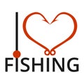 I love fishing. Red heart icon isolated on white background. Concept of hobby, pastime. Heart of two hooks. T-shirt