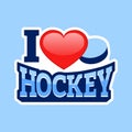 I love hockey vector design. Sport sticker with love heart, hockey puck. Simple symbols on blue background. Winter sports card. il